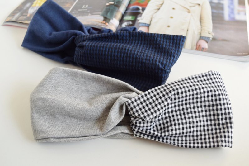 【柄×無地】gingham × black ギンガムチェック × ブラック / クロス ヘアバンド ターバン - 髮箍/髮帶 - 棉．麻 灰色