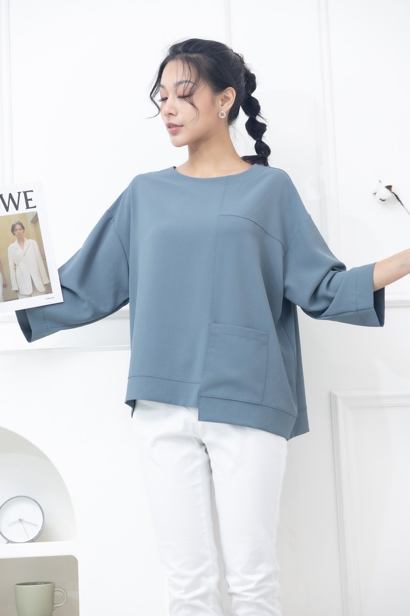 Round Neck Single Pocket Asymmetrical Hem Top in Morandi Green - Women's Tops - Other Materials Blue