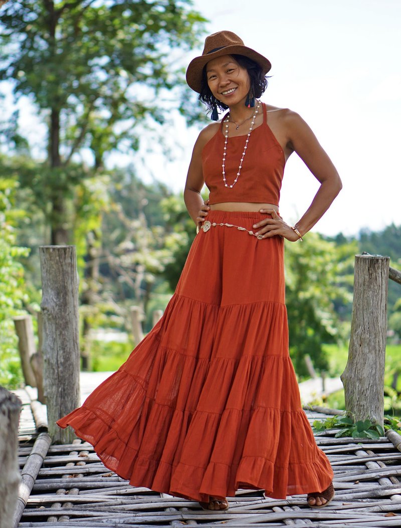 Long ruffle wide leg pants for women. Elegant loose cotton elastic waist pants - 女長褲 - 其他材質 