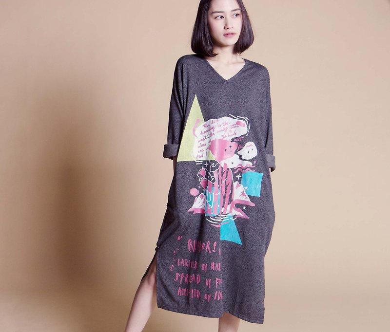Side slit long-sleeved dress 05 - One Piece Dresses - Cotton & Hemp Gray