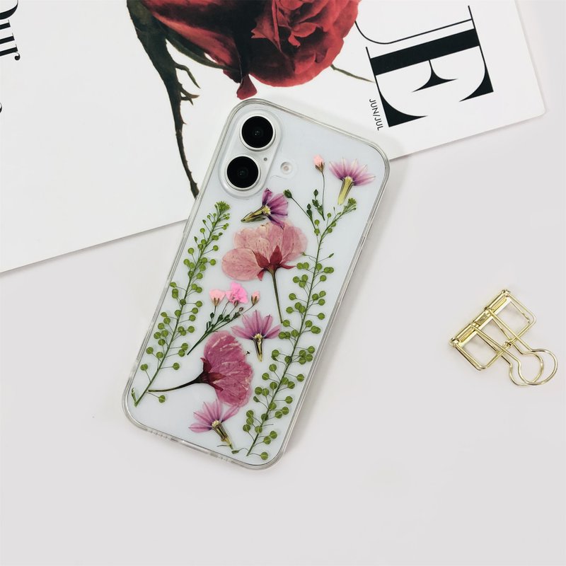 Pink Sakura Green Leaf Pressed Flower Phone Case for iPhone 16 Pro Samsung S25 - เคส/ซองมือถือ - พืช/ดอกไม้ 