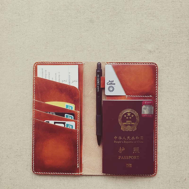 Multifunctional wallet, passport, pen holder, imported vegetable tanned cowhide from Italy, handmade red- Brown rub-dye design - Passport Holders & Cases - Genuine Leather Brown