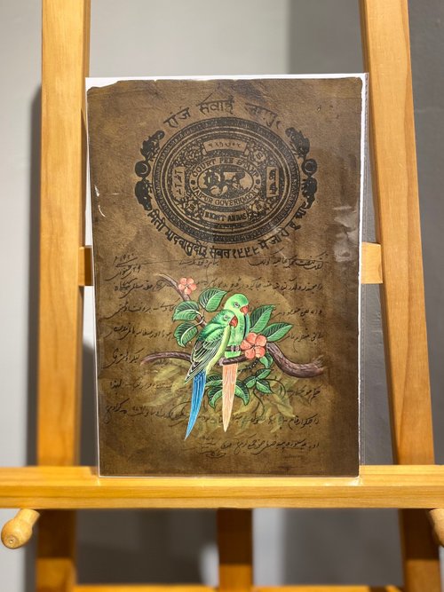 酷鴞藝術 Dead Poets Society Vintage 印度印花稅票紙細密畫- 一對鸚鵡 - 古董antique