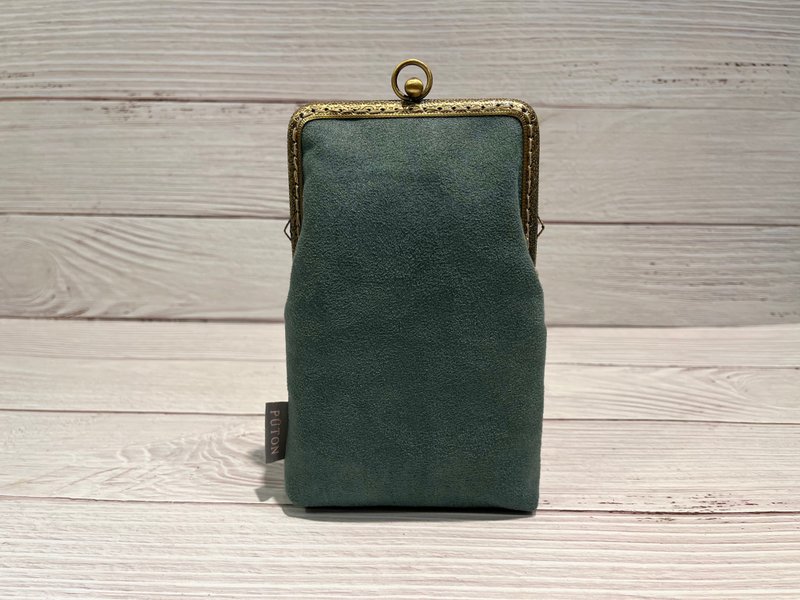 Simple Suede•Dark Dark Green•Handmade Mouth Gold Bag•Mobile Phone Bag•With Strap - กระเป๋าคลัทช์ - หนังเทียม สีเขียว