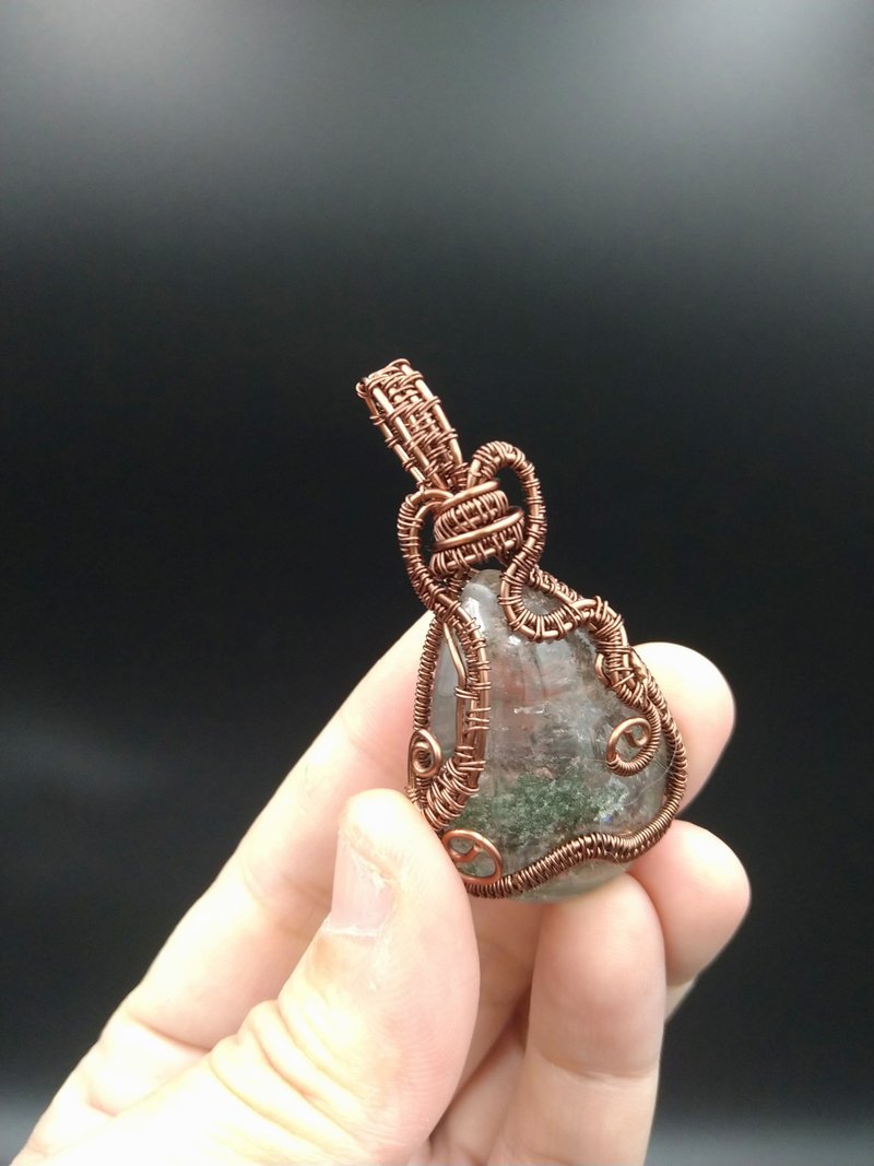 **綠幽靈 異象水晶 別有洞天 ** 藝術銅線 水晶項鏈 吊墜金屬編織 - 項鍊 - 玉石 綠色