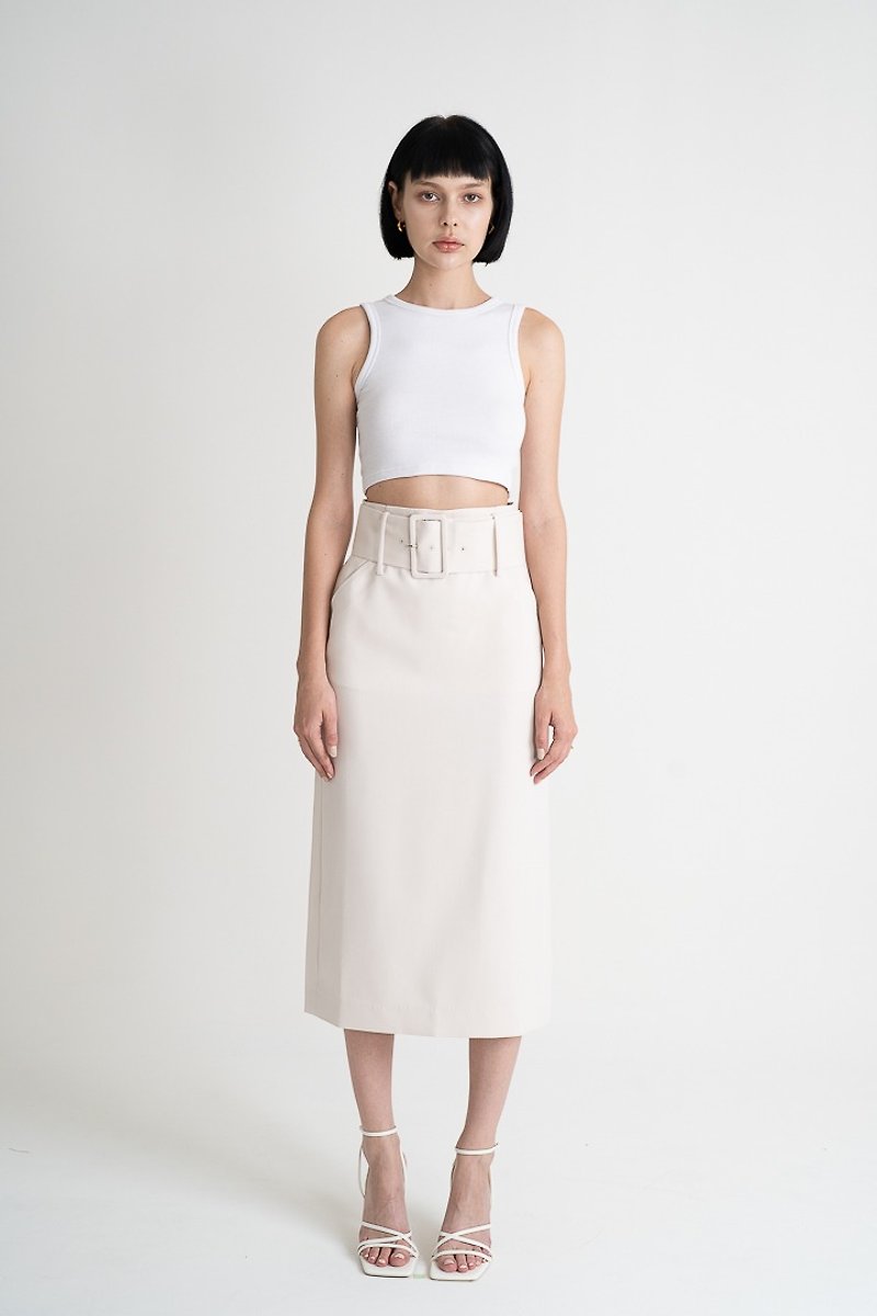 聚酯纖維 裙子/長裙 白色 - High Waist Pencil Skirt - White | 寬腰帶開衩高腰窄裙 - 奶白