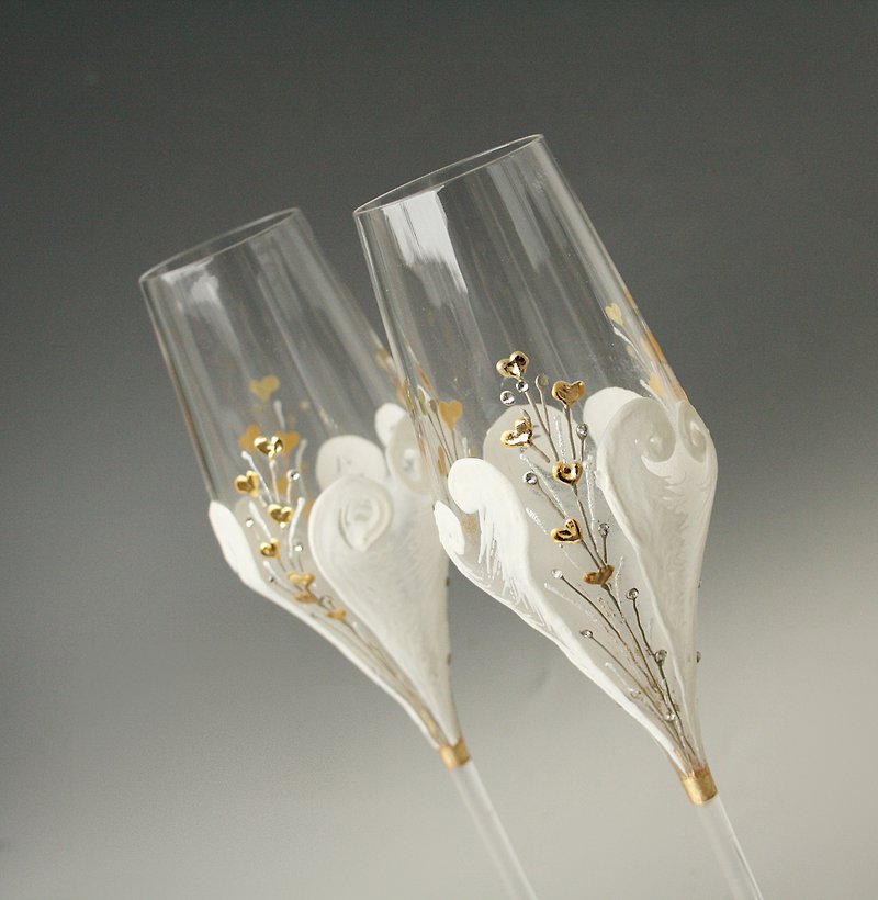 Champagne Wedding Glasses White Gold, Hand-painted, Set of 2 - แก้วไวน์ - แก้ว ขาว