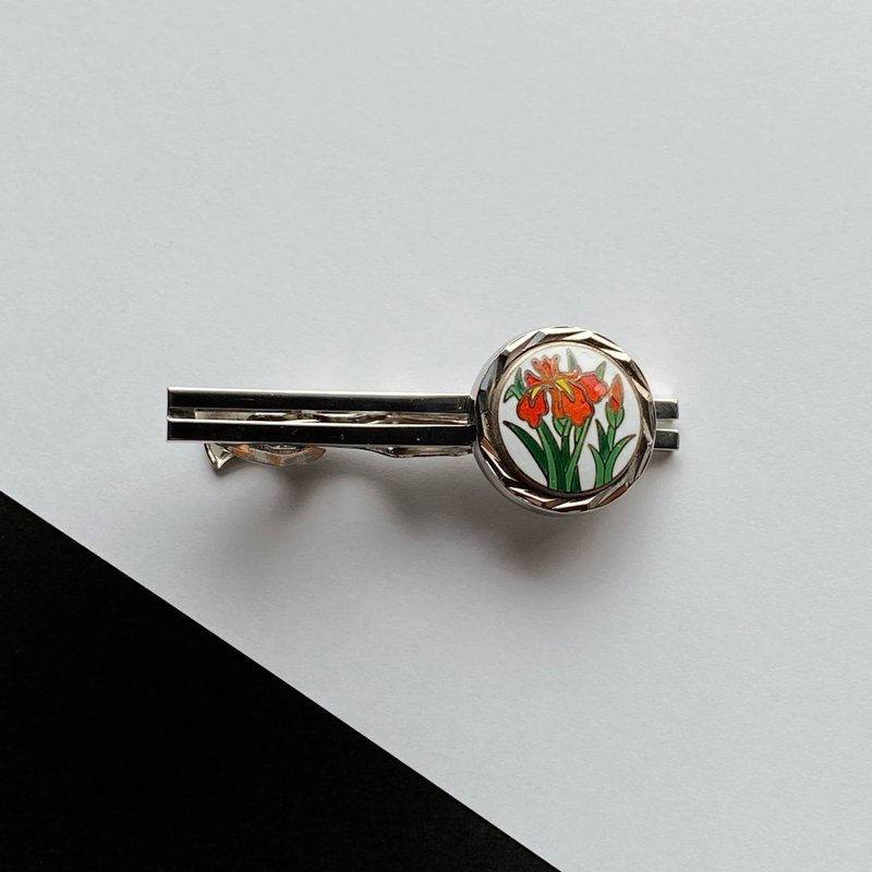 Silver Iris [White] Cloisonne tie clip, pure silver metal cloisonne, silver hardware - เนคไท/ที่หนีบเนคไท - เงิน ขาว