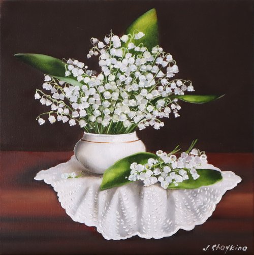 GalleryPaintingsArt Lily of the Valley Art Original, Floral Still Life Painting Oil Canvas