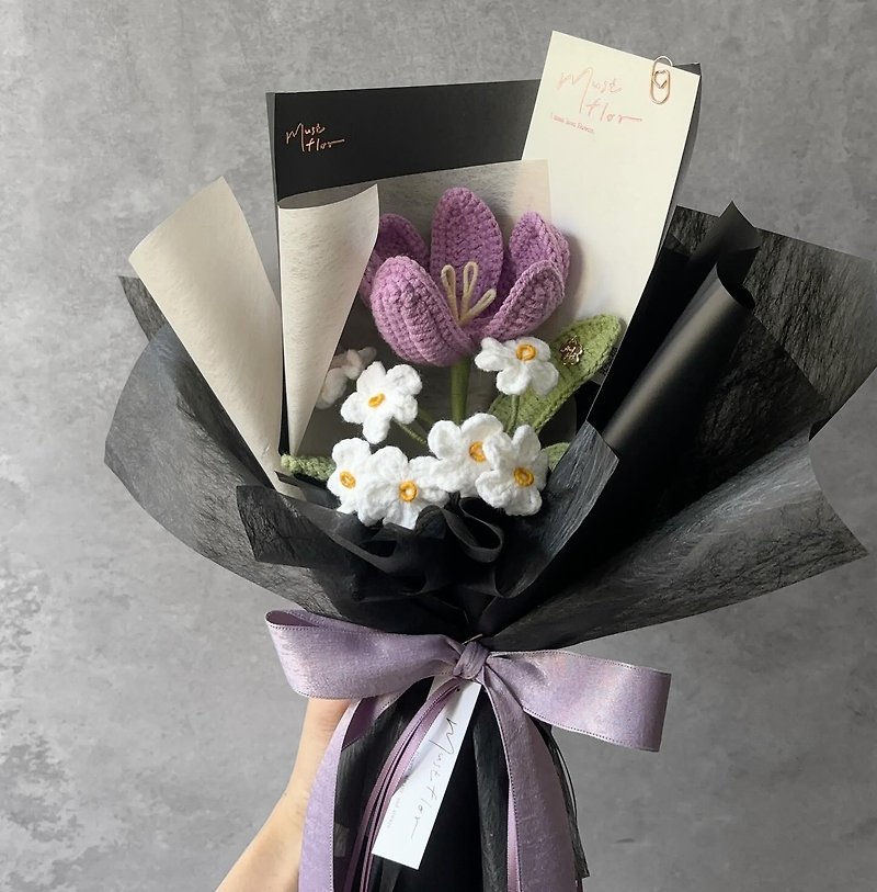 Mustflor-Purple Tulips and Forget-Me-Not Bouquet-Handmade Knitted Flowers - Dried Flowers & Bouquets - Cotton & Hemp Purple