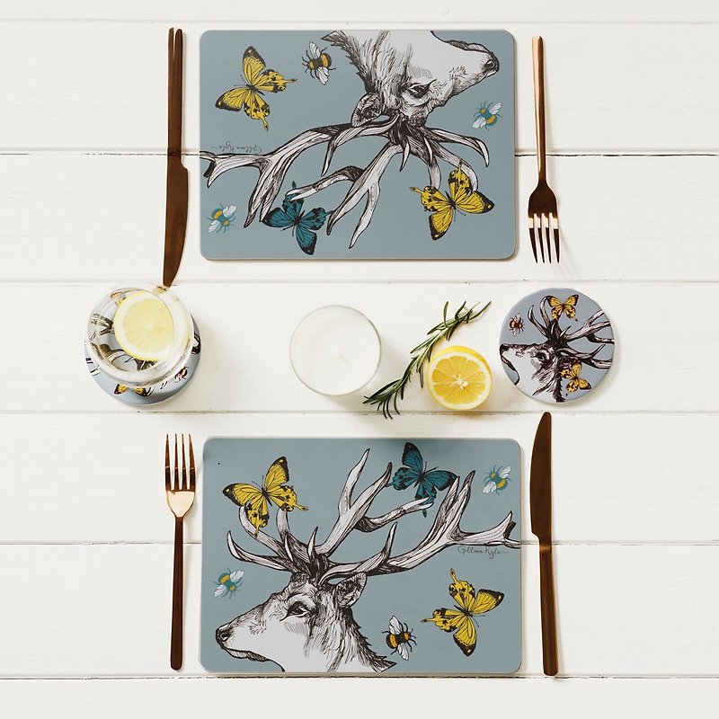 British Gillian Kyle Scottish Antlers Totem Wood Placemat/Table Mat (a set of two pieces) - ผ้ารองโต๊ะ/ของตกแต่ง - ไม้ ขาว