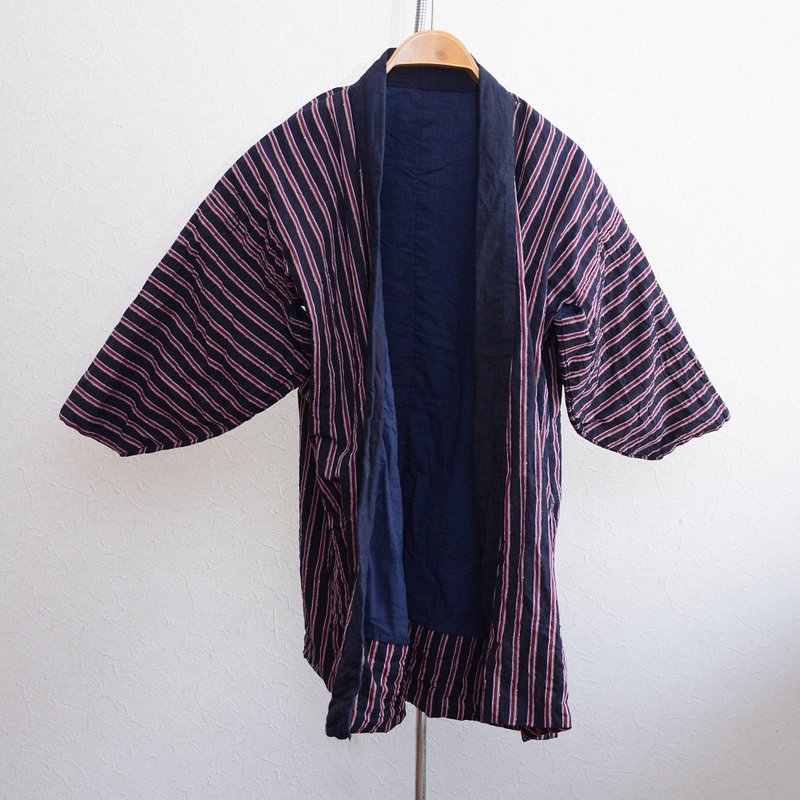 野良着 古布 木綿 着物 縞模様 リメイク素材 ハンドメイド ジャパンヴィンテージ 昭和レトロ 生地 - 女大衣/外套 - 棉．麻 