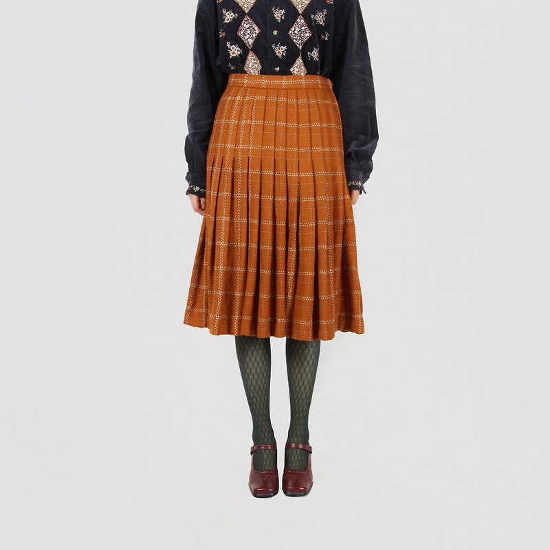 [Egg Plant Vintage] Autumn Italian Maple Wool Plaid Vintage Dress - Skirts - Wool Orange