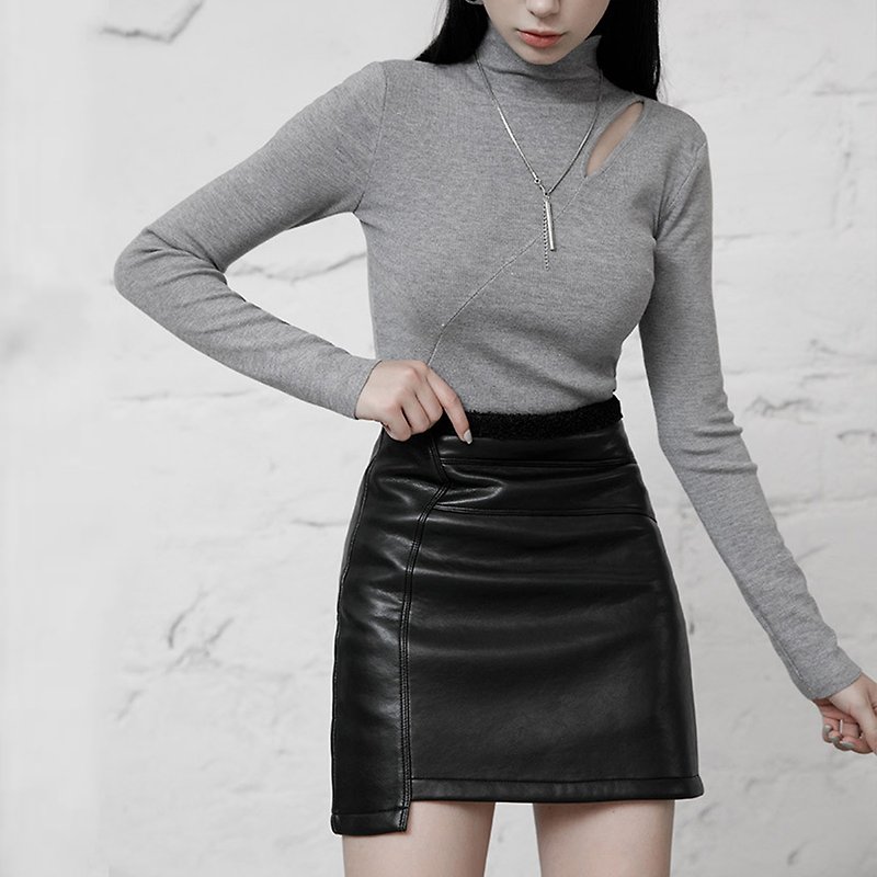 Punk lamb velvet leather bag hip skirt - Skirts - Other Materials Black