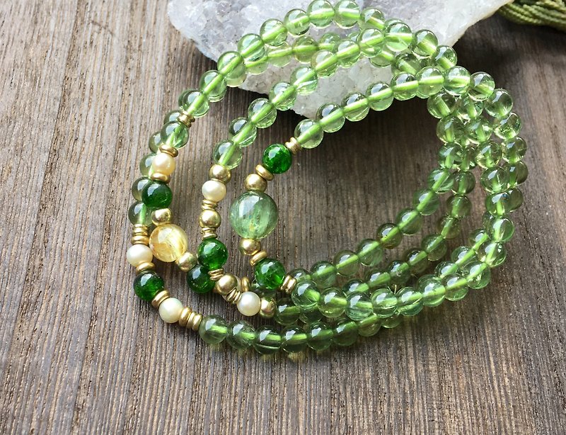 高淨度綠磷灰石四圈手鍊-搭配鉻透輝石、鈦晶、珍珠 - 手鍊/手環 - 寶石 綠色