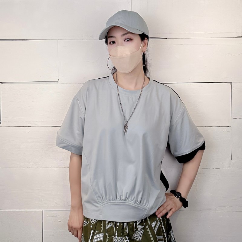 綠深藍 - 後扭結異材質拼接抓褶T #U1164 - 女上衣/長袖上衣 - 棉．麻 綠色