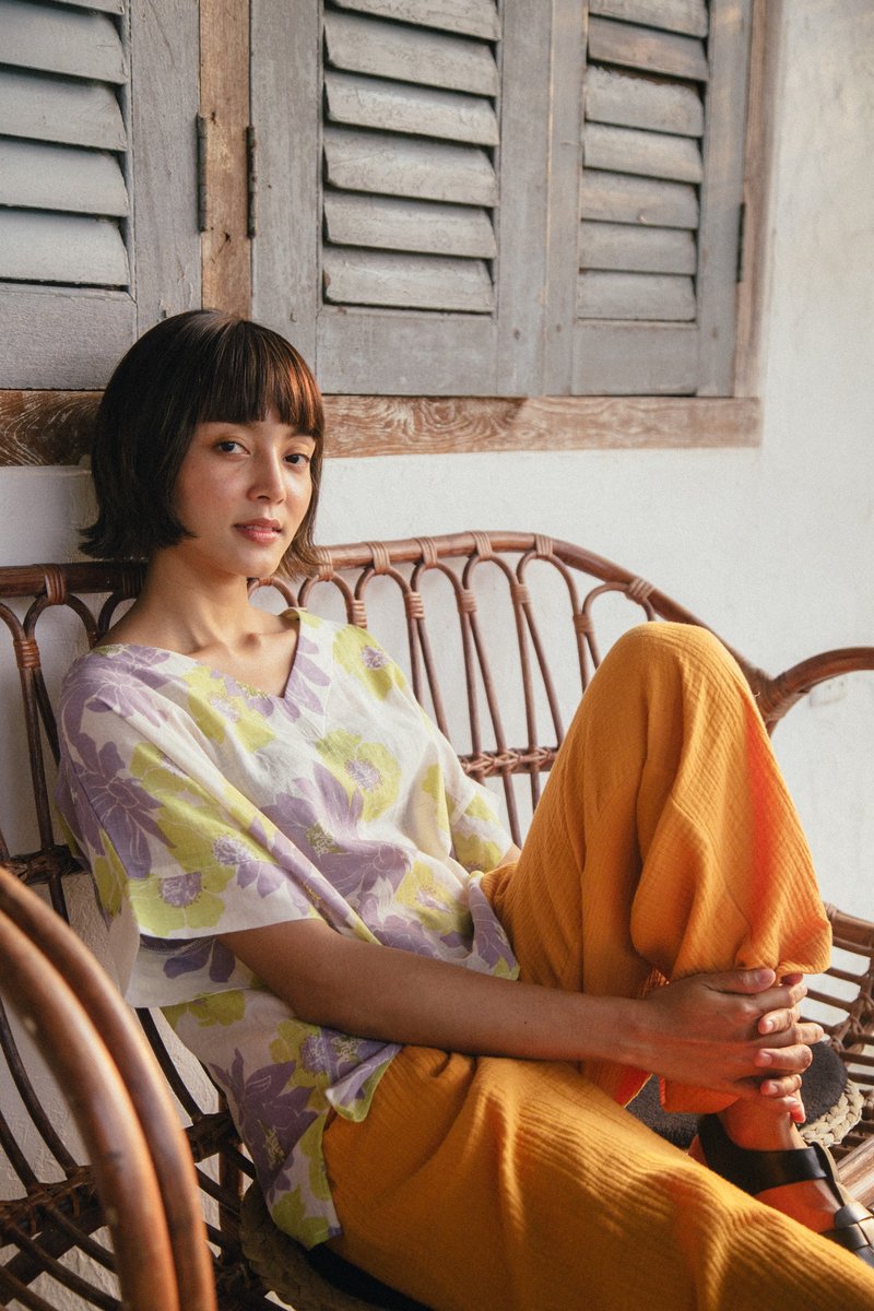 Mulmul purple floral wide blouse - 女上衣/長袖上衣 - 棉．麻 紫色