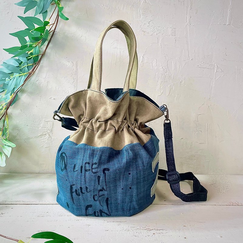 Handmade graffiti denim stitching portable cross-back two bucket bag - Handbags & Totes - Cotton & Hemp 