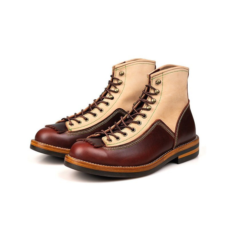 Vintage Lace-Up Genuine Leather Platform Ring Ankle Boots Work Motorcycle Boots - Men's Leather Shoes - Genuine Leather Brown