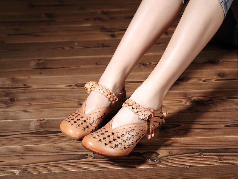 Openwork carved craft design handmade leather women's shoes apricot brown high heels - High Heels - Genuine Leather Brown