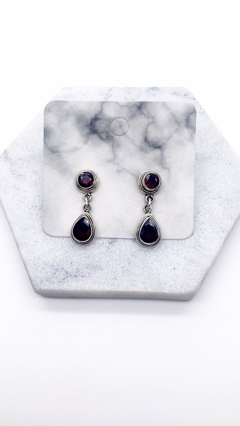 Garnet sterling silver double gem design earrings handmade mosaic in Nepal - Earrings & Clip-ons - Gemstone Red