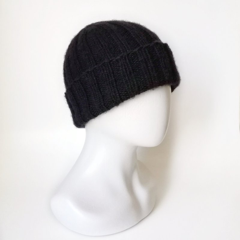 Black Knitted Cap, Men's Merino Wool Ribbed Beanie: Warm Hand-Knit Winter Hat. - Hats & Caps - Wool Black