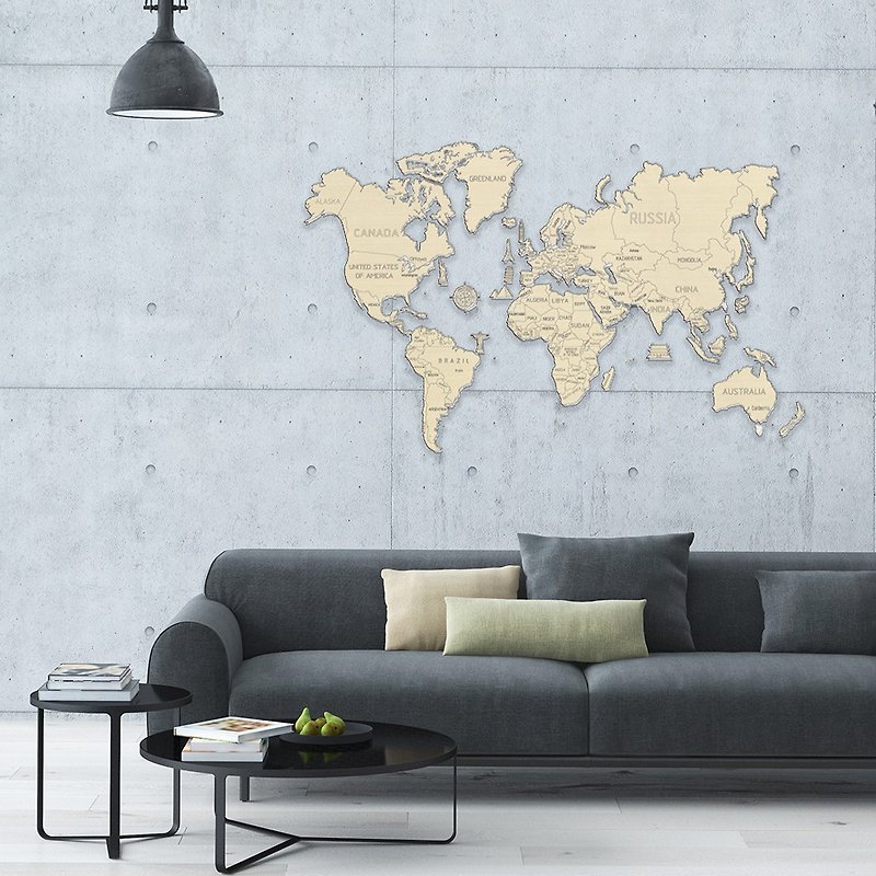 Hand-made power model world map M wooden composite wall decoration - Wall Décor - Wood Khaki