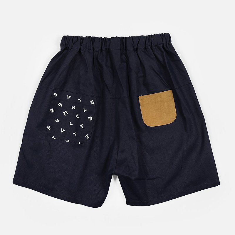 Phonetic Print Asymmetric Stitching Pocket Shorts - Dark Blue - กางเกงขายาว - เส้นใยสังเคราะห์ สีน้ำเงิน