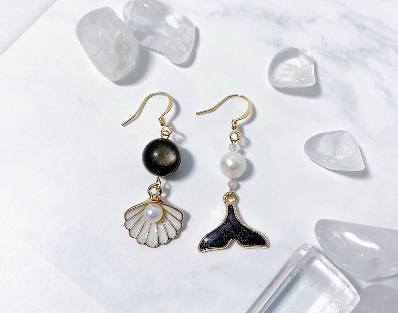 Black Mermaid | Girlish Style | Sweet and Cute | Asymmetrical Stud Earrings | Silver Stone/Freshwater Pearl/Moonlight