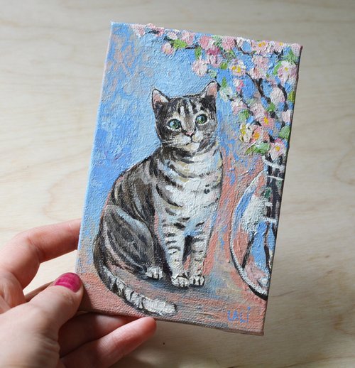 LaliCharaArt 貓咪原創油畫 15x10cm 帆佈板 花瓶裡的櫻花 寵物肖像