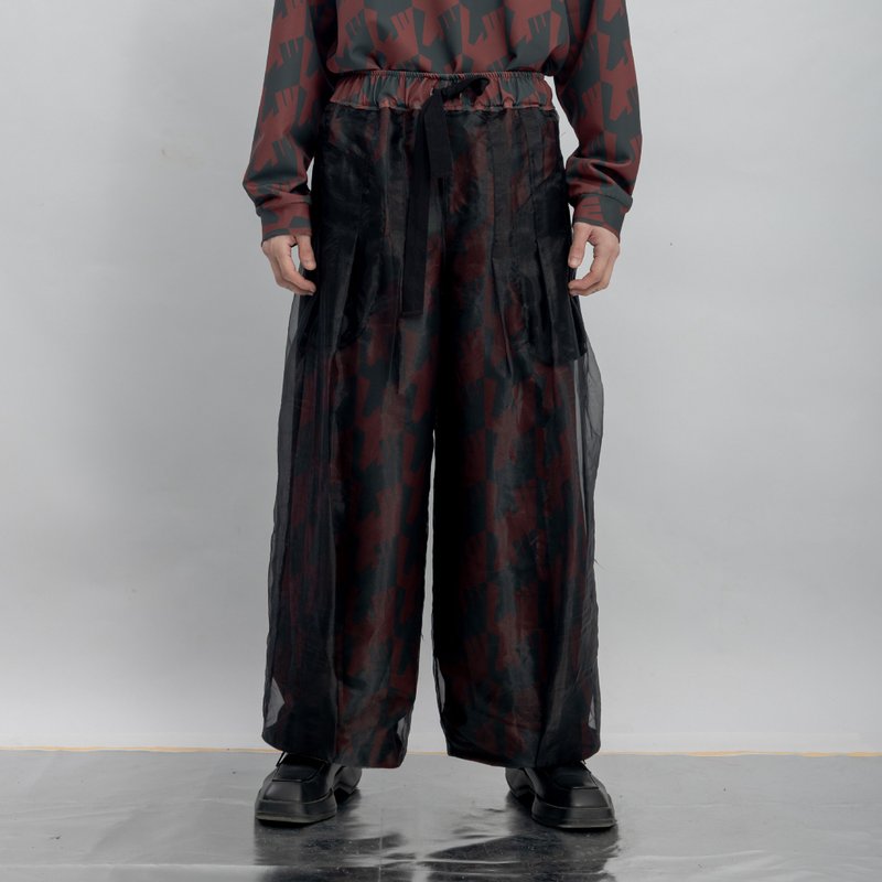 INF 雙層薄紗直筒印花寬褲 / 熾焰紅 - 男長褲/休閒褲 - 聚酯纖維 紅色