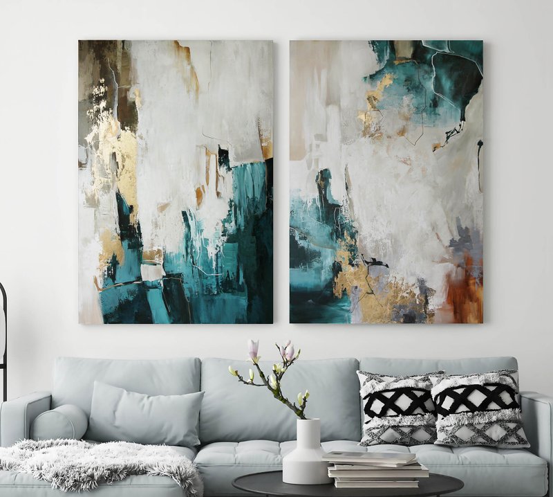Teal and gold wall art |Turquoise set of 2|Teal abstract canvas | Teal Bloom Set - 壁貼/牆壁裝飾 - 棉．麻 藍色