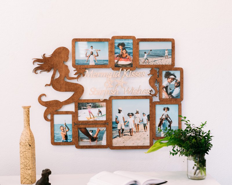 Mermaid photo frame collage Custom text frame Wooden wall decor Personalized art - ตกแต่งผนัง - ไม้ หลากหลายสี
