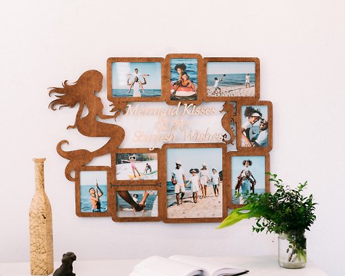 Mr.Carpenter Store Mermaid photo frame collage Custom text frame Wooden wall decor Personalized art