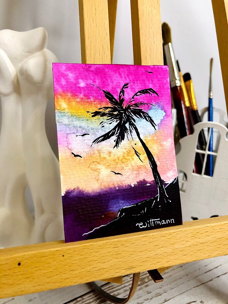 ACEO Original Card Landscape Watercolor Art Palm Tree Painting 2.5 by 3.5 in
