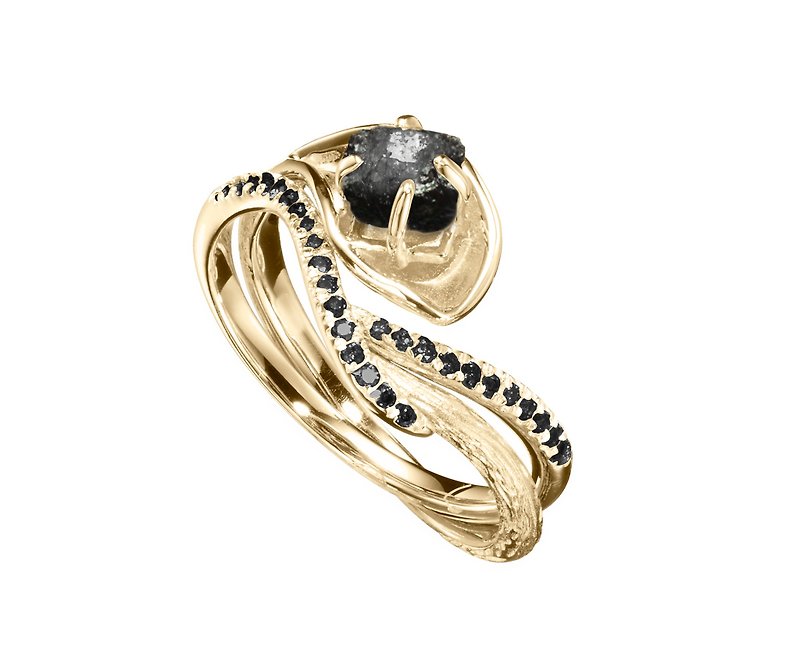 Raw black tourmaline + pave diamond alternative engagement &amp; wedding ring set