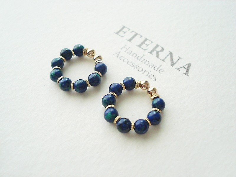 Azurite and metal beads, tiny hoop earrings - ต่างหู - หิน สีน้ำเงิน