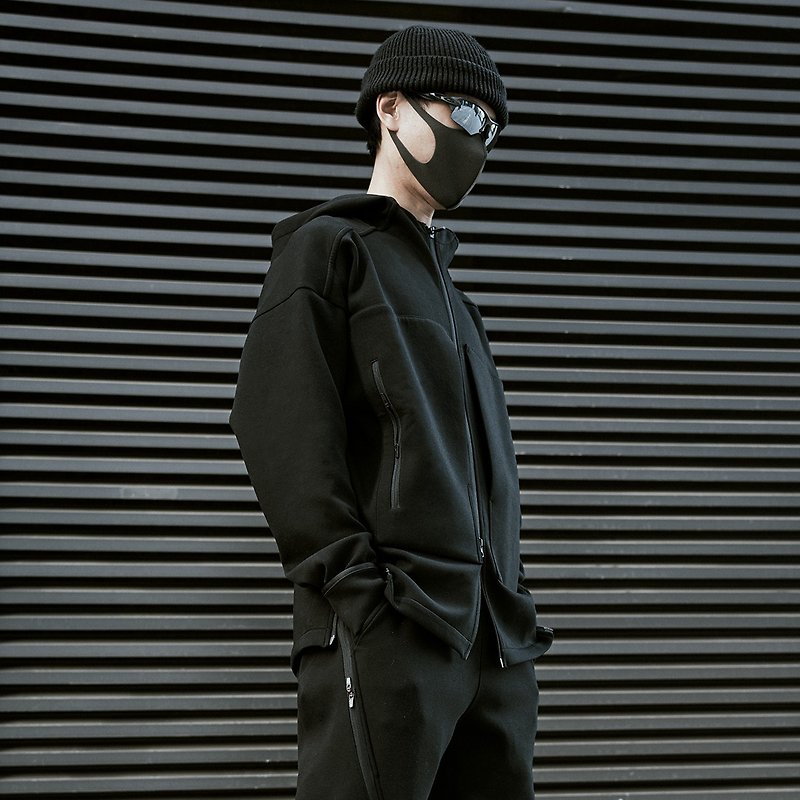 黑色拼接連帽機能衛衣大口袋設計空氣層彈力透氣面料 - 男裝 毛衣/針織衫 - 棉．麻 