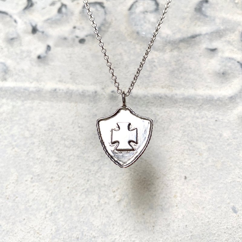 MIH Metalwork Jewelry | Confidence Cross Shield Double-sided Design Sterling Silver Necklace Shield necklace - สร้อยคอ - เงินแท้ สีเงิน