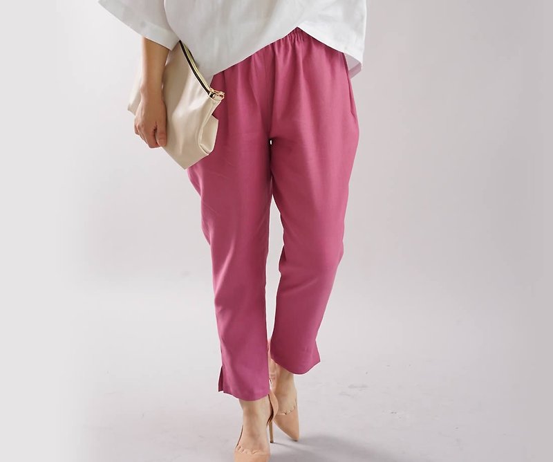 wafu   tapered linen pants / long length / elastic waist / pink / bo1-44 - กางเกงขายาว - ผ้าฝ้าย/ผ้าลินิน สึชมพู