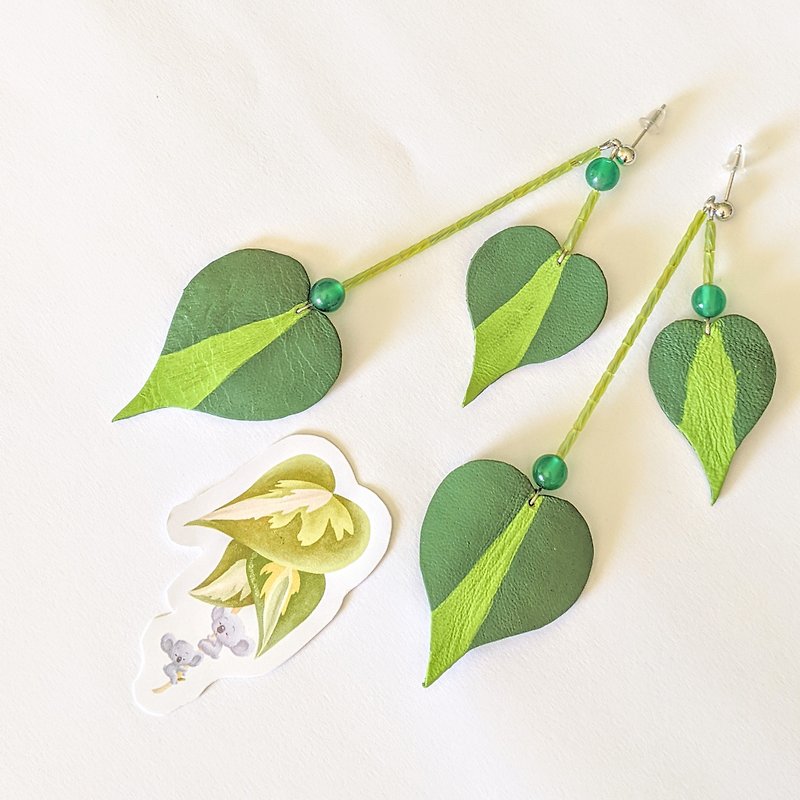 philo brazil leaf leather earrings + sticker - Earrings & Clip-ons - Genuine Leather 