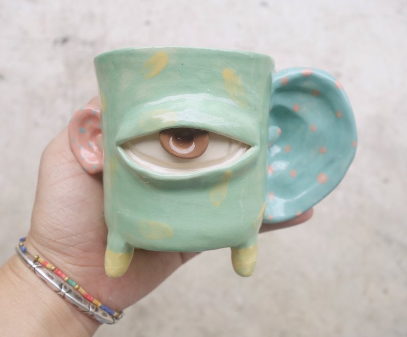 Handmade ceramic mug cup eyes big ear in greenpastel :)