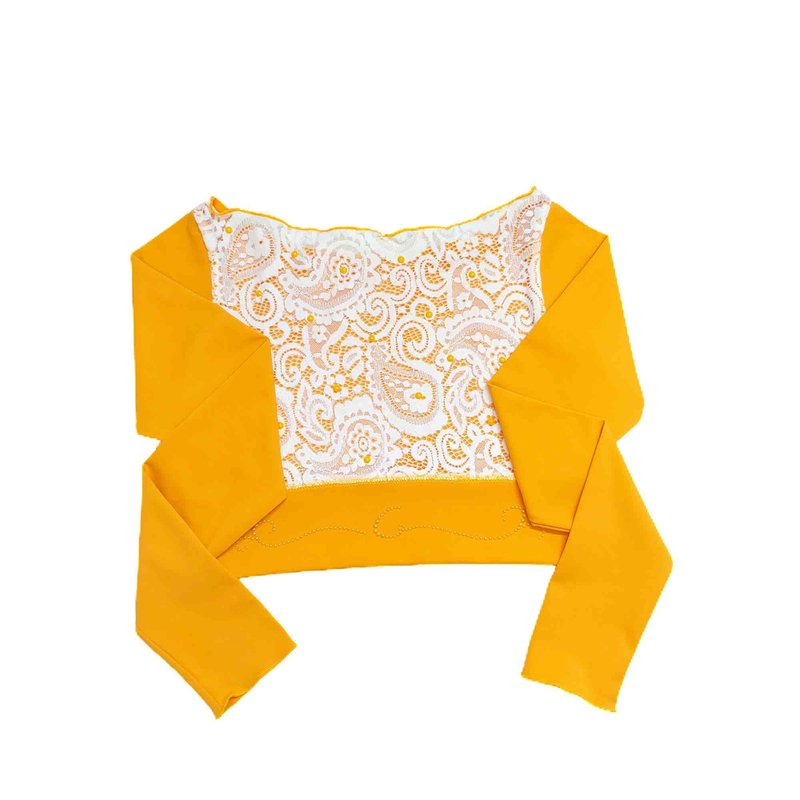 客製花樣滑冰短款上衣 蕾絲鏤空長袖設計 璀璨水鑽與專屬字母裝 - 女上衣/長袖上衣 - 聚酯纖維 橘色