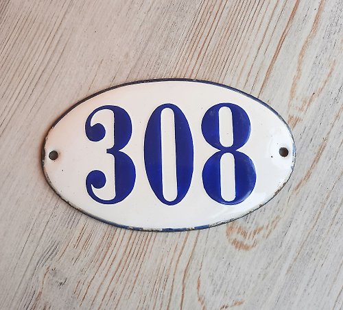 RetroRussia 308 door number sign enamel metal address house plaque blue white