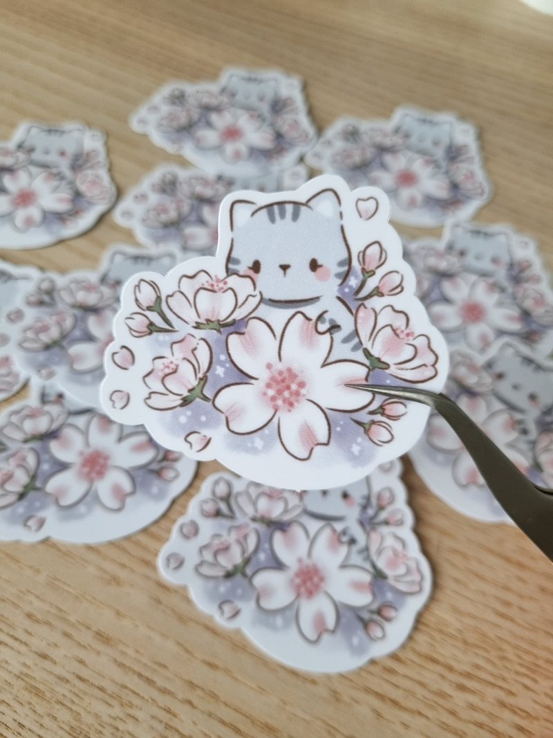 Sakura flowers with cat. Die-cut stickers. - สติกเกอร์ - พลาสติก หลากหลายสี