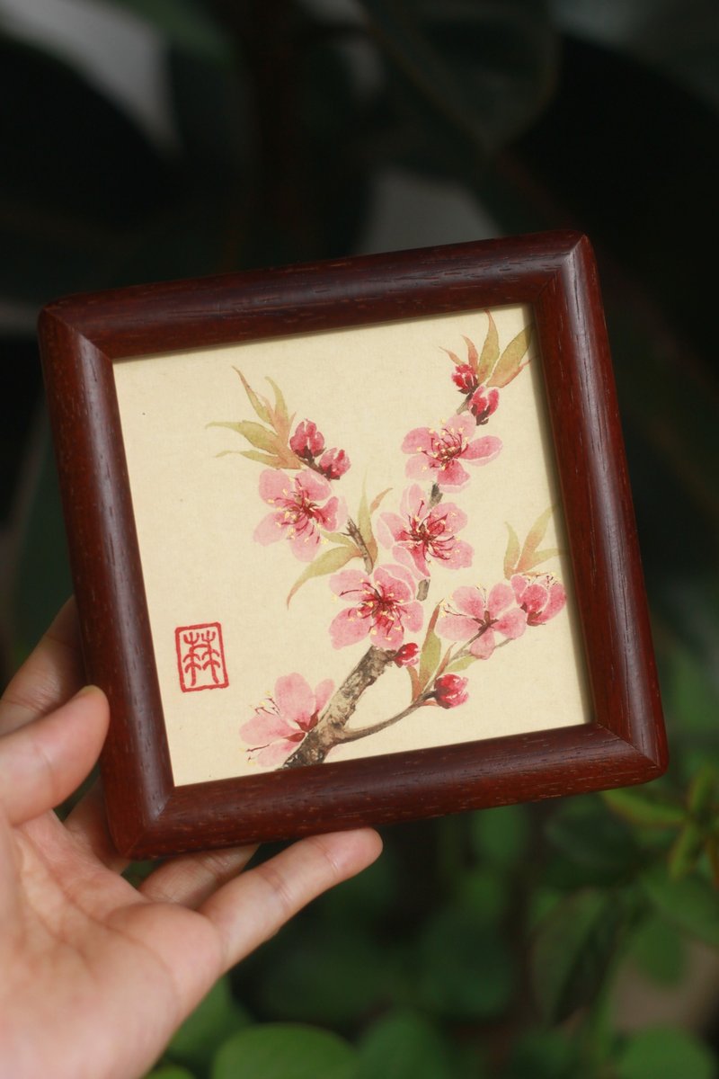 手繪沒骨桃花 | 國畫原作孤品 | 4寸中式擺台 | 實木畫框 - 相框/畫框 - 紙 白色