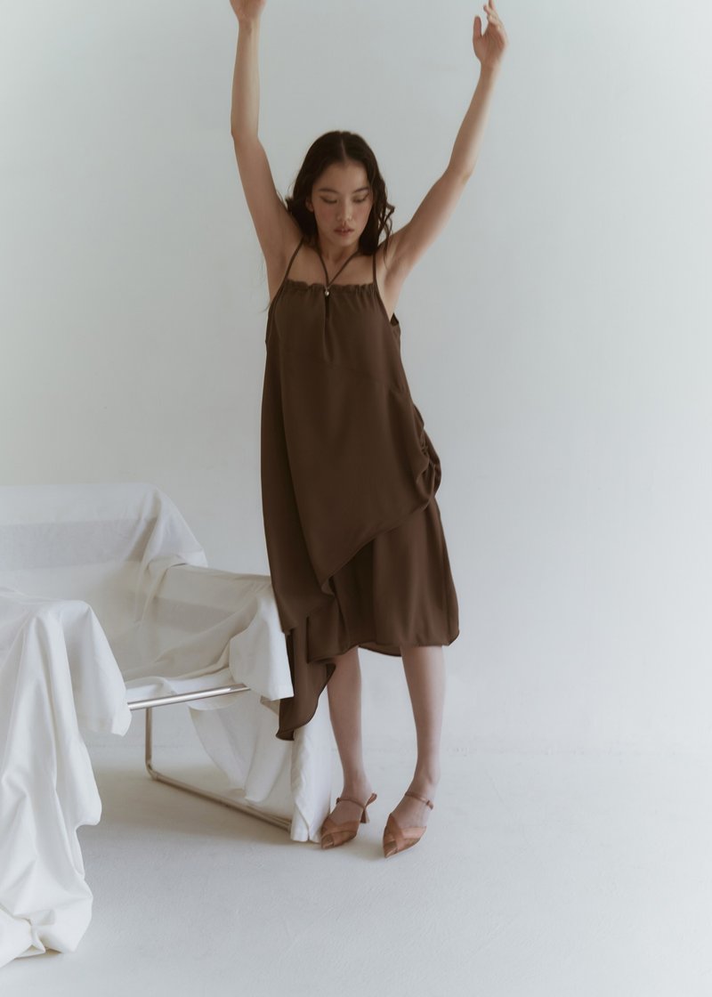 Drawstring asymmetrical panel dress/olive green - One Piece Dresses - Polyester Khaki