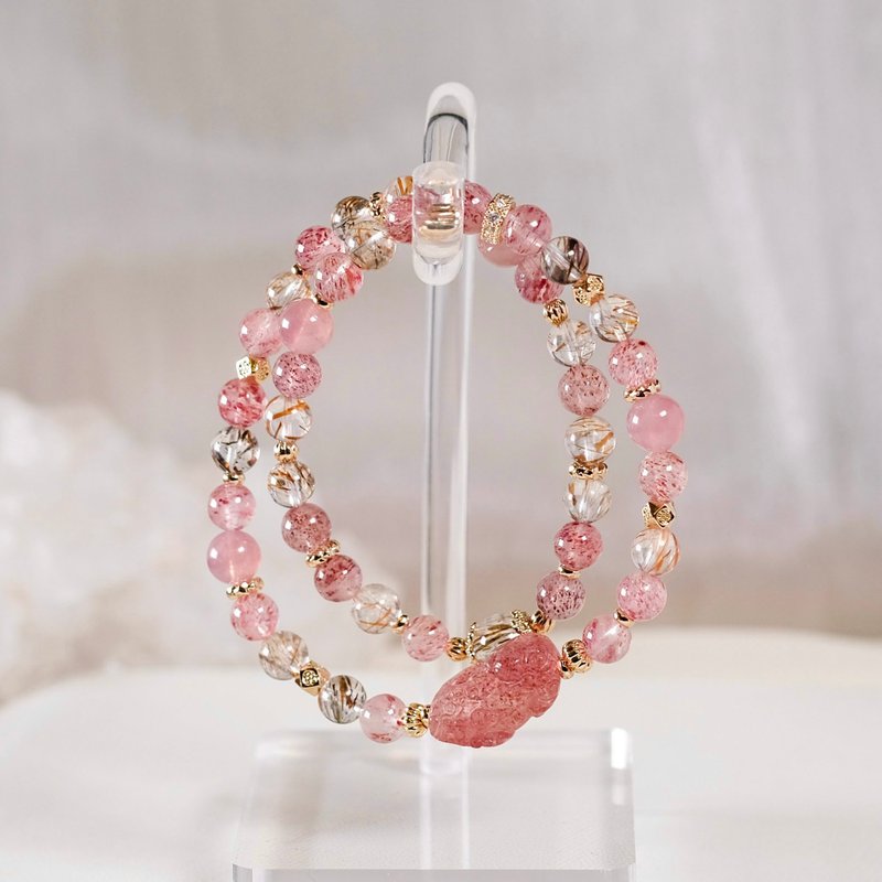 Strawberry Crystal Horse Pink Black Gold Super Seven Pixiu Double Circle Bracelet Natural Mineral Crystal - สร้อยข้อมือ - คริสตัล สึชมพู