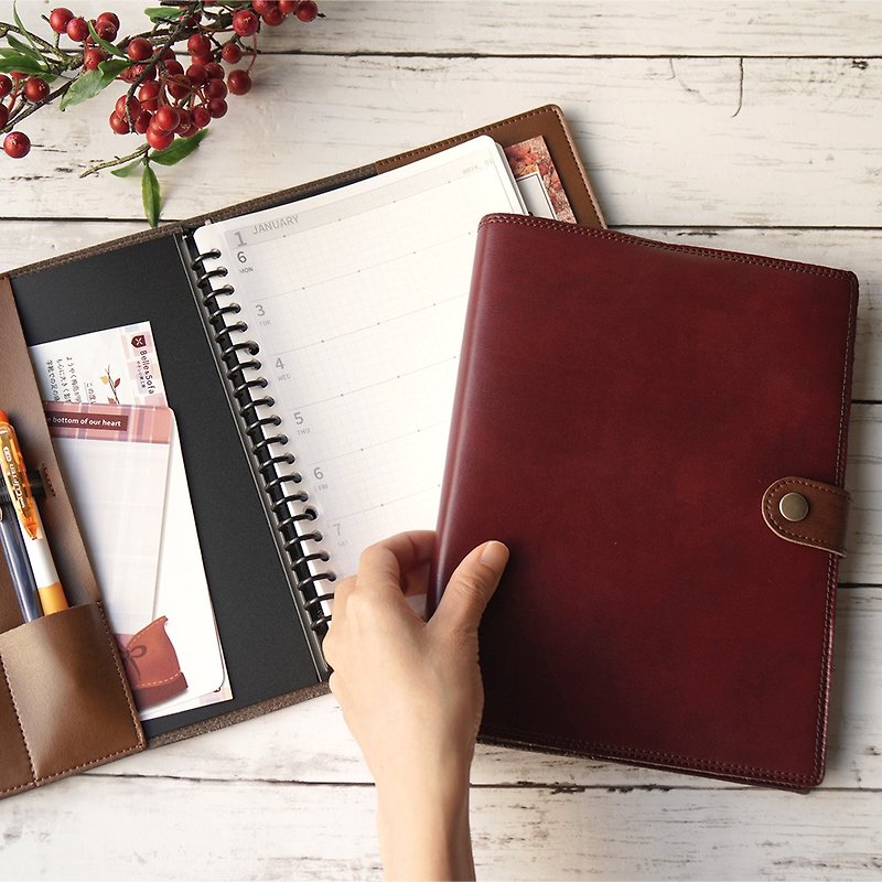人造皮革 筆記簿/手帳 紅色 - 帶封面的活頁夾 2022年 系統日記 筆記本 活頁 筆架 A5 20孔