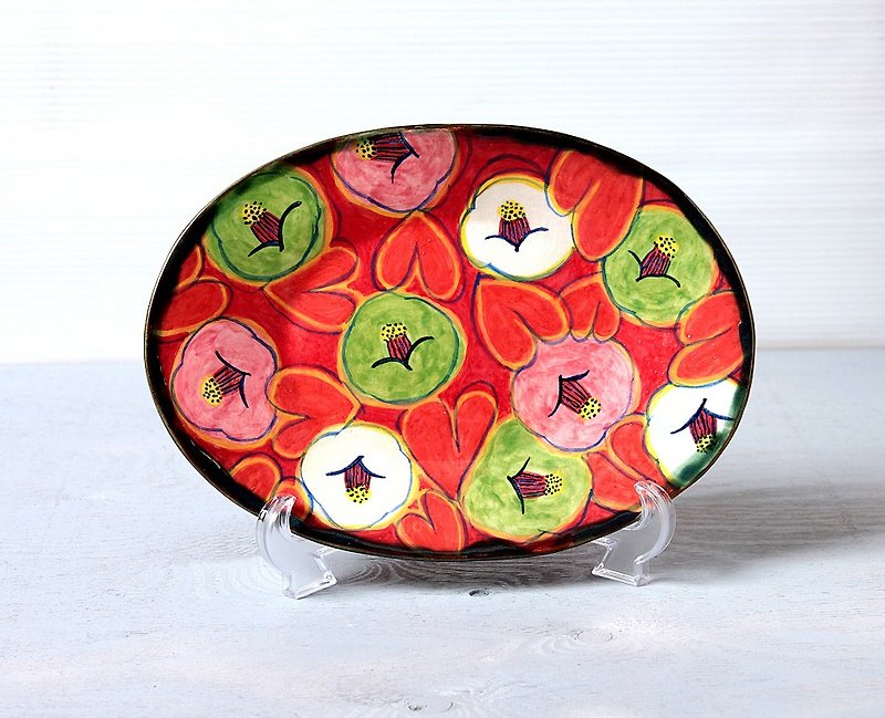 椿(オレンジ色の葉)の色絵皿 - 花瓶・植木鉢 - 陶器 レッド